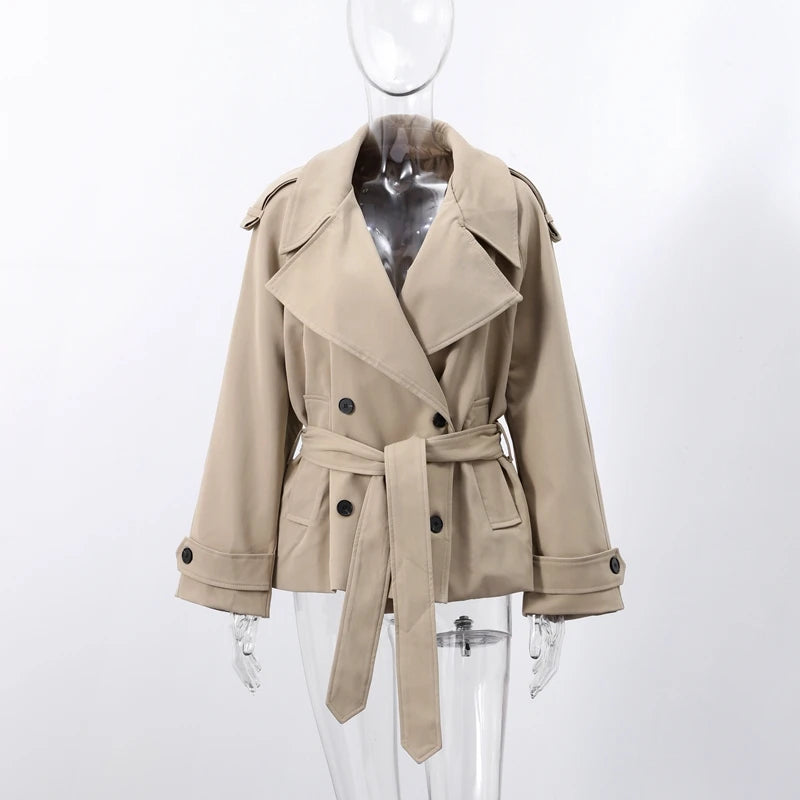 Cropped Double - Breasted Belted Trench Jacket Wide - Waisted Fit