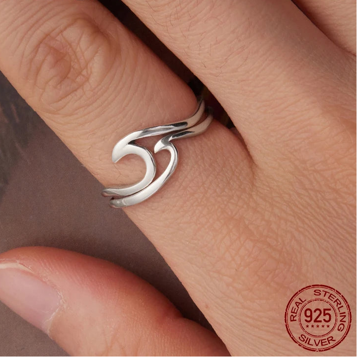 Curved Double-Layer Wave Ring | Adjustable 925 Sterling Silver Open Band
