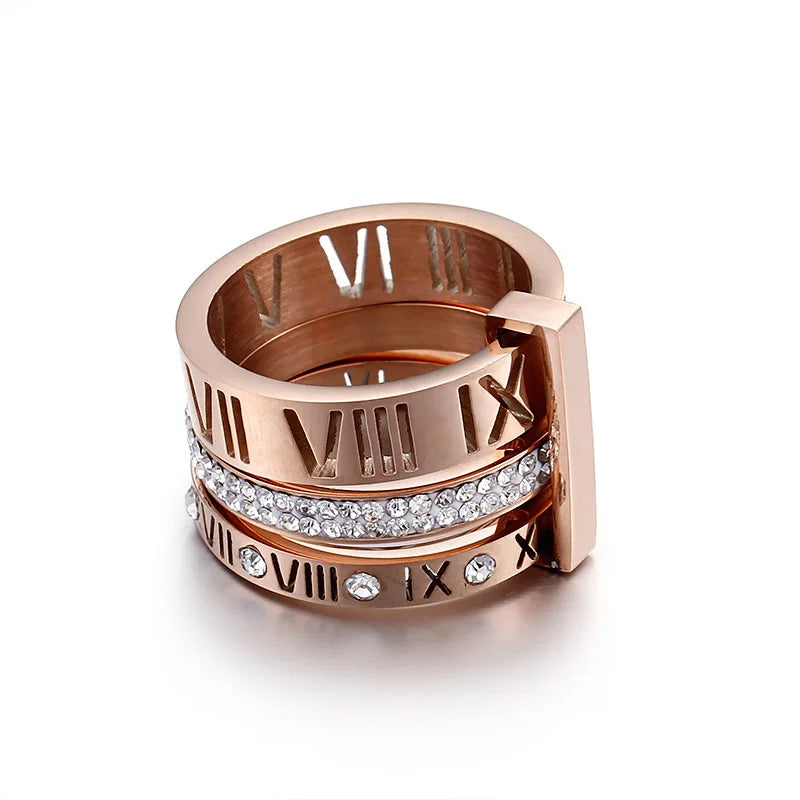 Trendy Roman Numeral Crystal Ring | Triple-Layer 13 mm Wide Stainless Steel Band