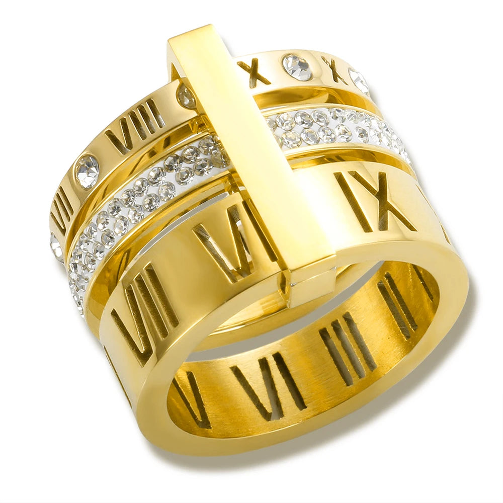 Trendy Roman Numeral Crystal Ring | Triple-Layer 13 mm Wide Stainless Steel Band