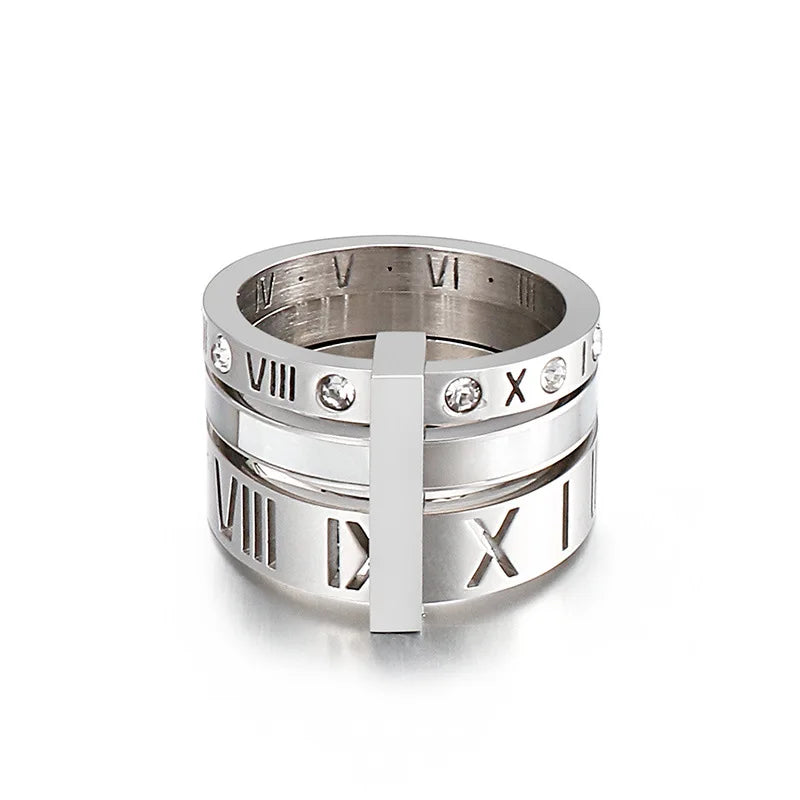Trendy Roman Numeral Crystal Ring | Triple-Layer 13 mm Wide Stainless Steel Band