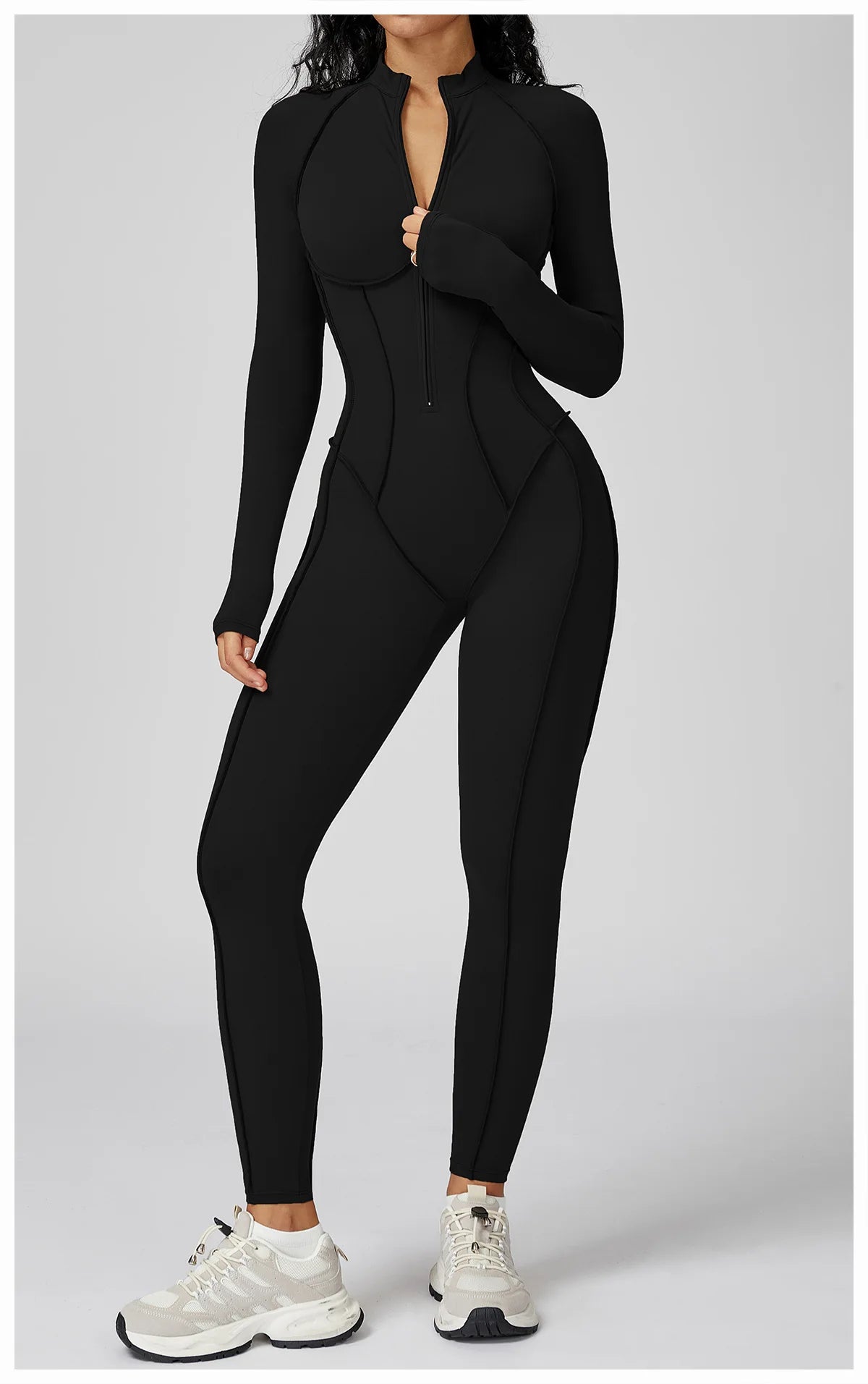 Sculpt Zip-Front Long-Sleeve Jumpsuit - Seamless Compression, Open-Back, High-Stretch
