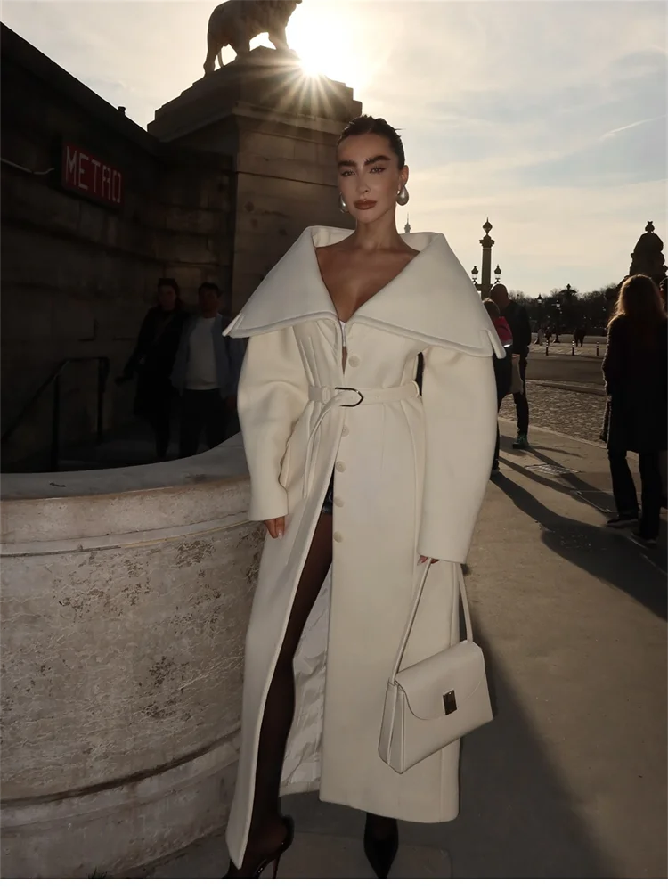 Shawl-Collar Belted Wool-Blend Maxi Coat – Ivory