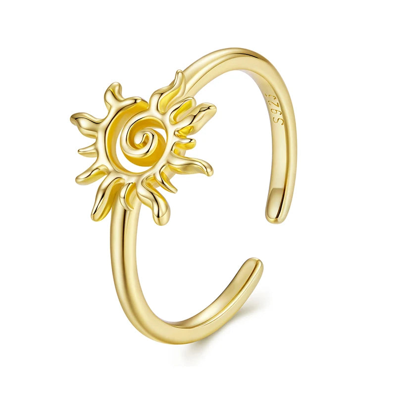 925 Sterling Silver Sun Open Ring | Adjustable Gold-Plated Celestial Band