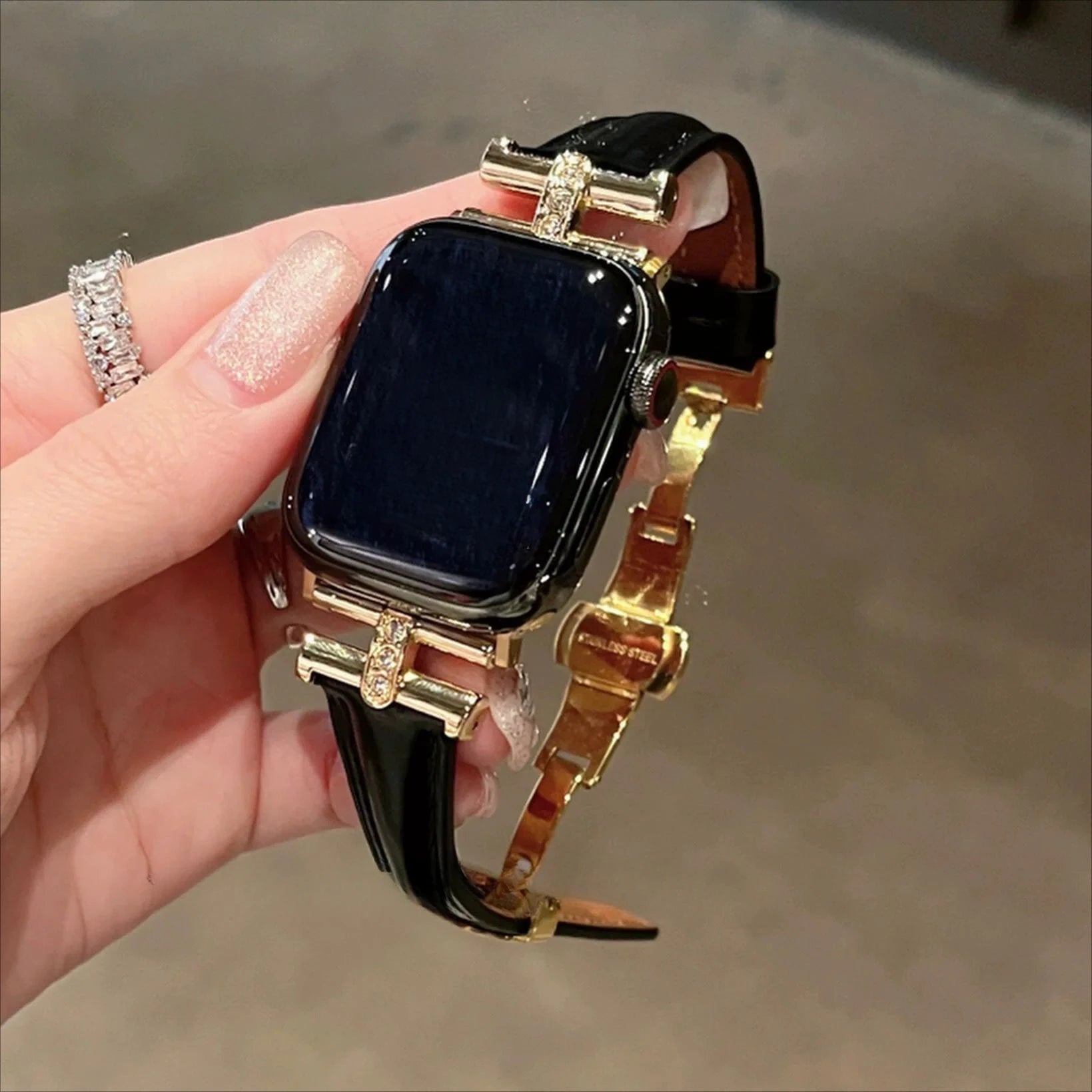 Apple Watch bracelet band - black leather with stainless butterfly clasp