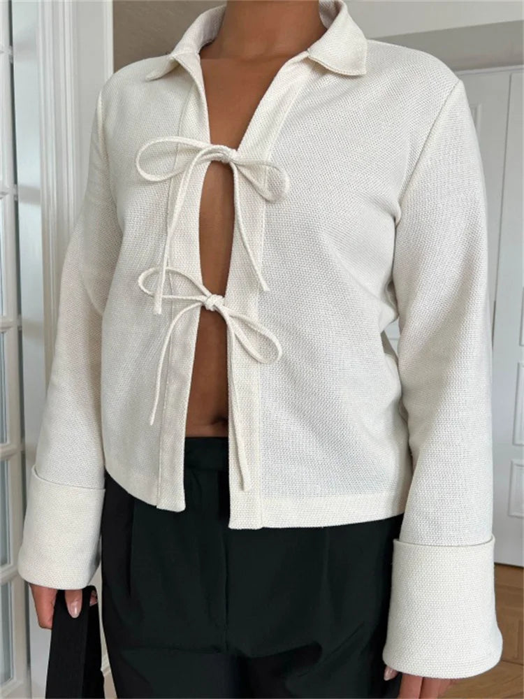 Tie-Front Bow Jacket – Wide Cuffs, Collar Lightweight