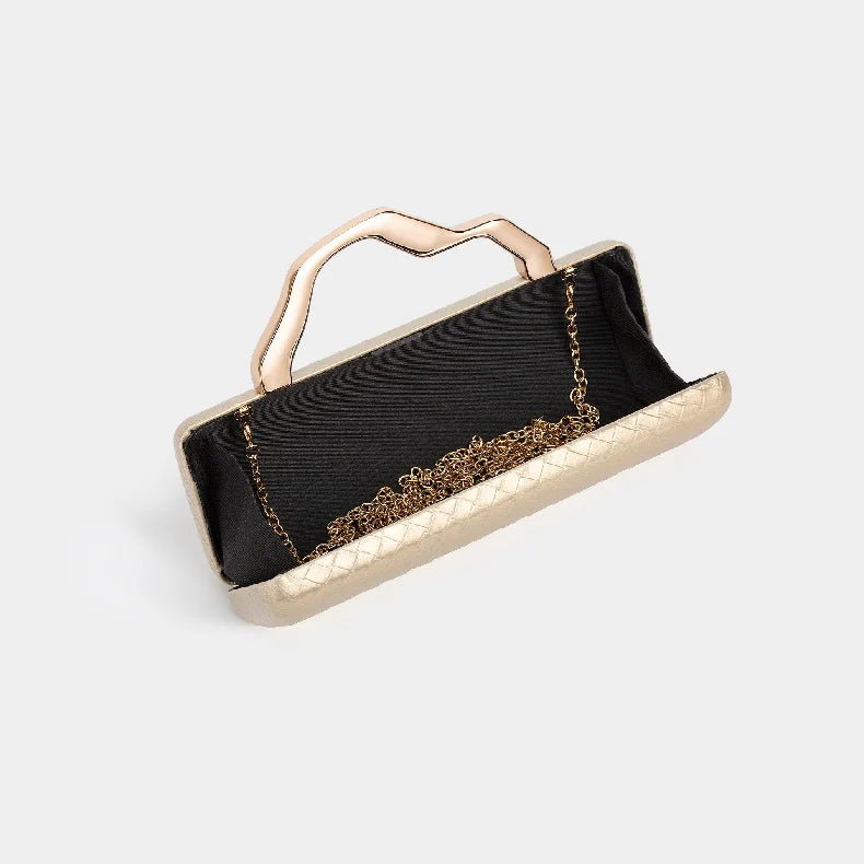 Woven-texture hard-shell evening clutch with gold top handle in assorted colors