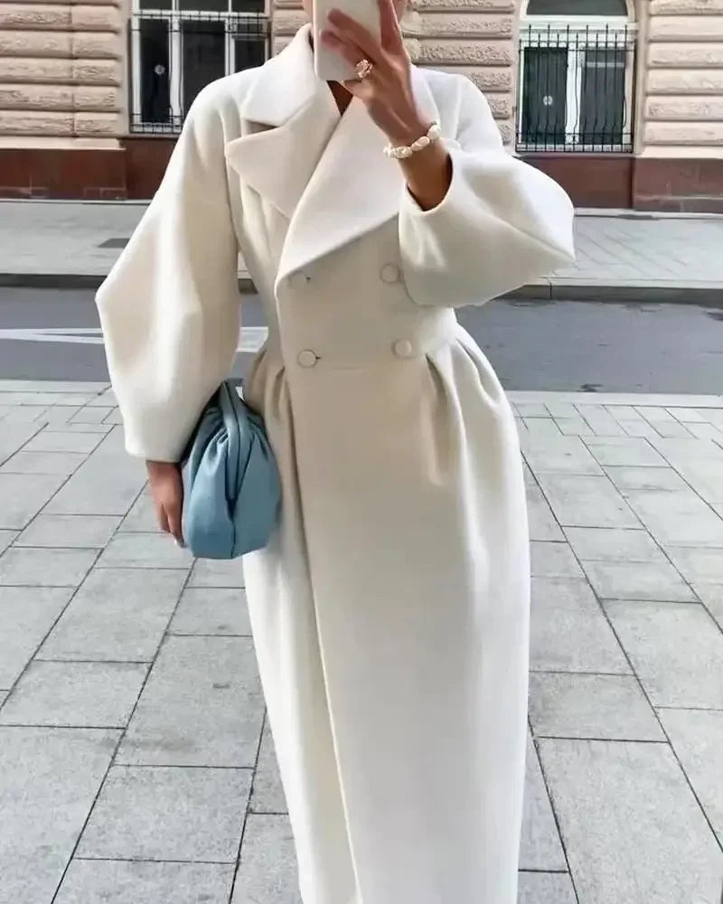 Women’s White Lapel Wool-Blend Long Overcoat - Double Breasted - Belted Waist