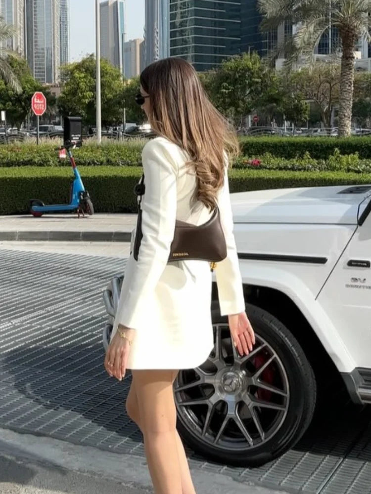 Women Chic Solid A-line Mini Dresses ElegantSingle-breasted V Collar Full Sleeves Short Vestidos Fashion New Lady Commute Gowns