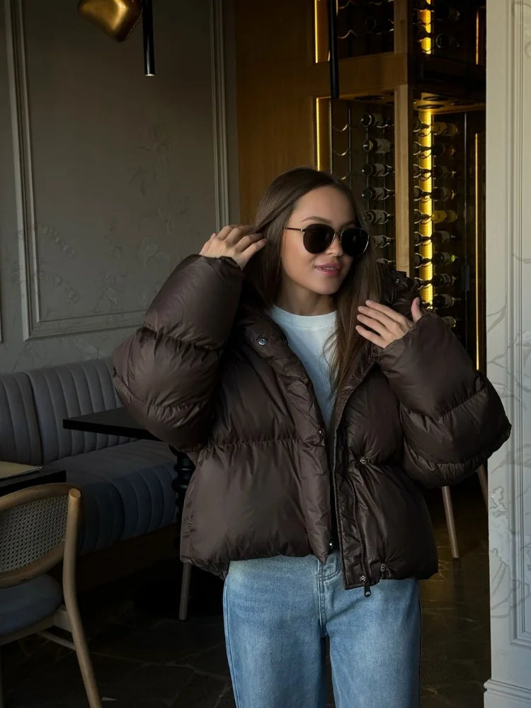 Women’s Deep Brown Cotton Puffer Jacket - Short, Warm & Lightweight