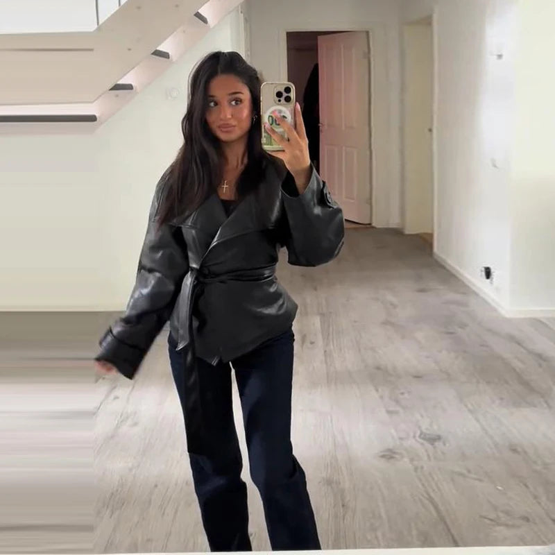 Belted Faux Leather Blazer for Women | Glossy Waist-Tie Jacket