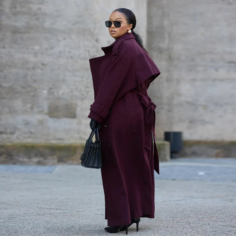 Wool Blend Long Coat - Double Breasted, Belted Silhouette, Turn Down Collar