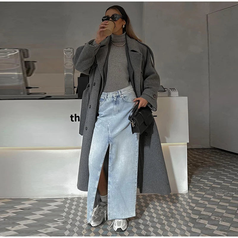 Wool Blend Long Coat - Double Breasted, Belted Silhouette, Turn Down Collar