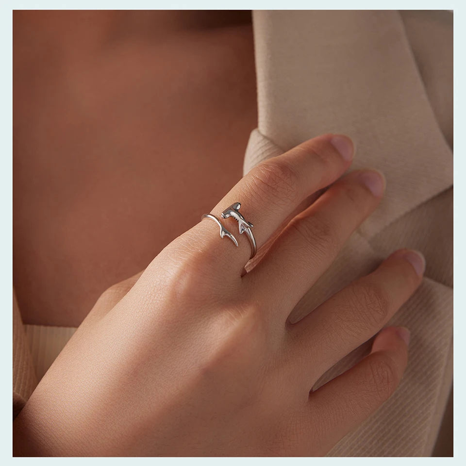Hammerhead Shark Open Ring | 925 Sterling Silver Adjustable Animal Ring
