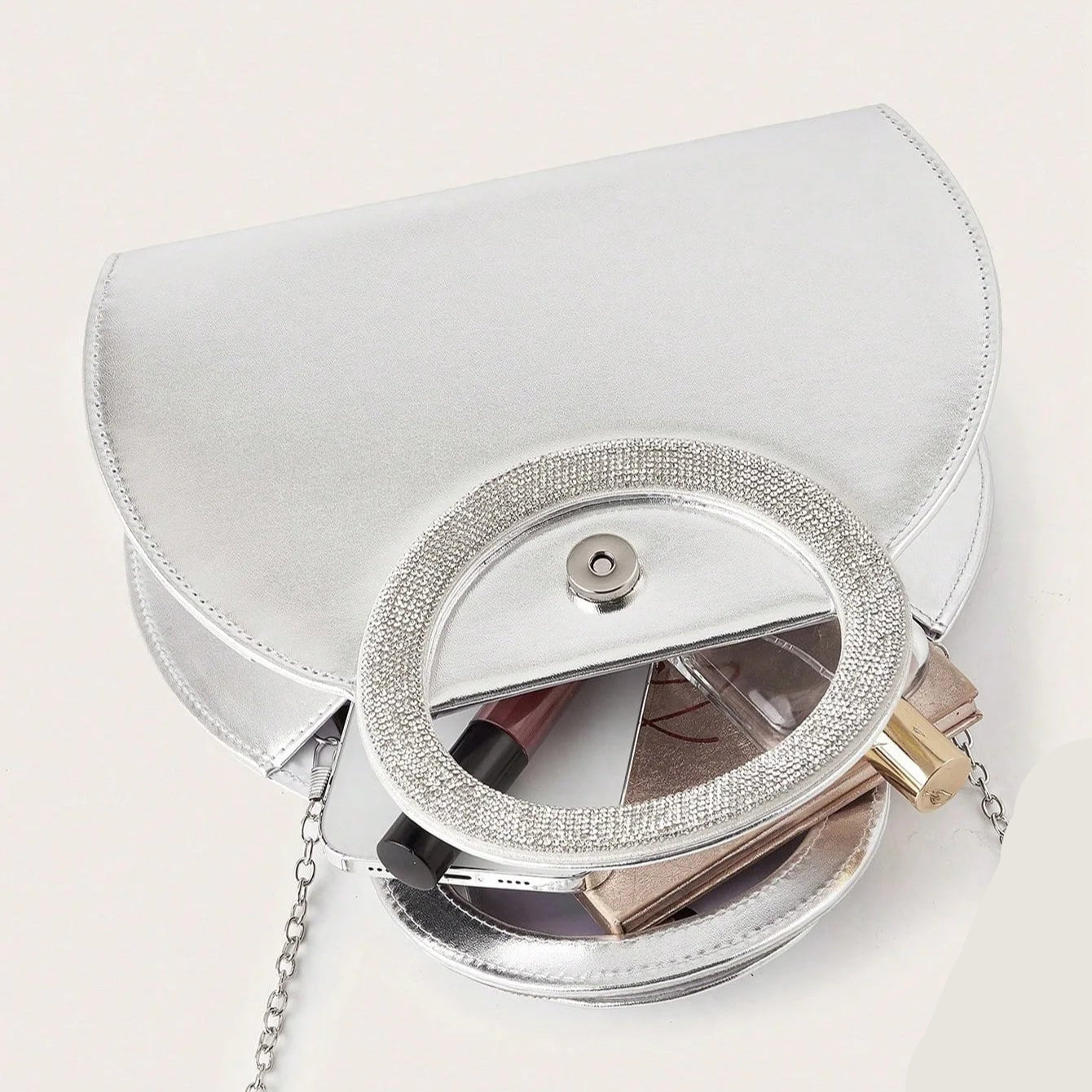 Ring Handle Woven Evening Clutch – Metallic PU, Hardcase, Chain Strap