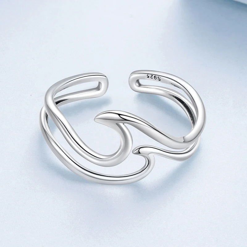 Curved Double-Layer Wave Ring | Adjustable 925 Sterling Silver Open Band