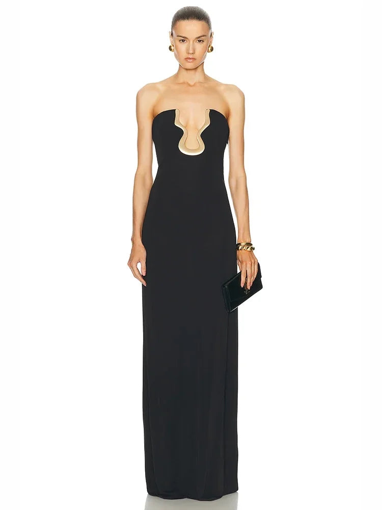 strapless black bodycon maxi dress with u shaped metal neckline red carpet style