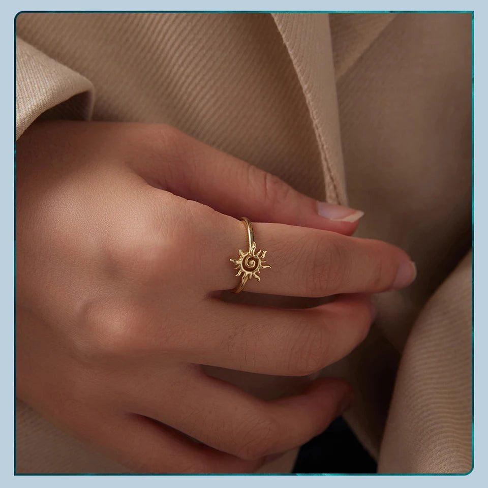 925 Sterling Silver Sun Open Ring | Adjustable Gold-Plated Celestial Band