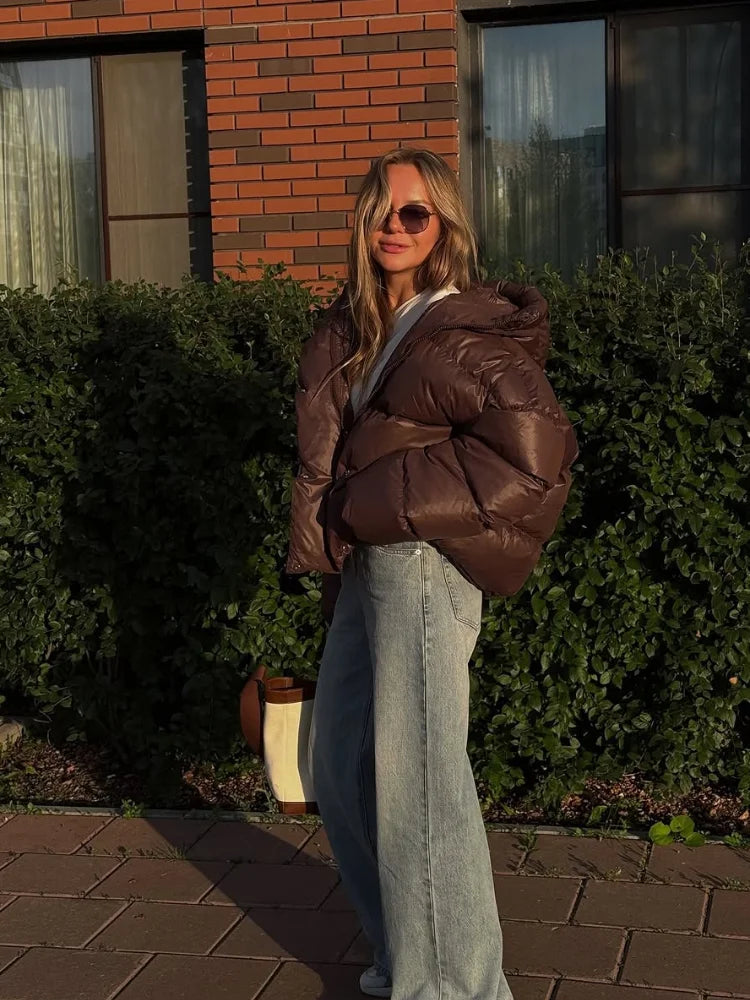 Women’s Deep Brown Cotton Puffer Jacket - Short, Warm & Lightweight