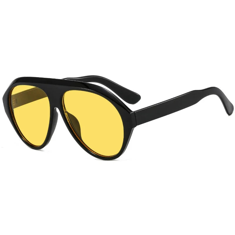 Black-framed sunglasses with yellow lenses on a white background