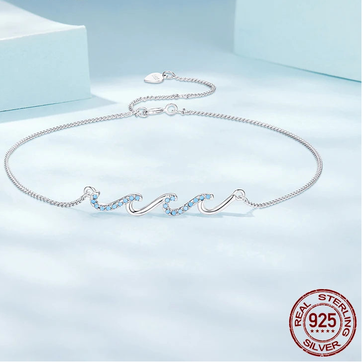 Ocean Wave Charm Anklet in 925 Sterling Silver