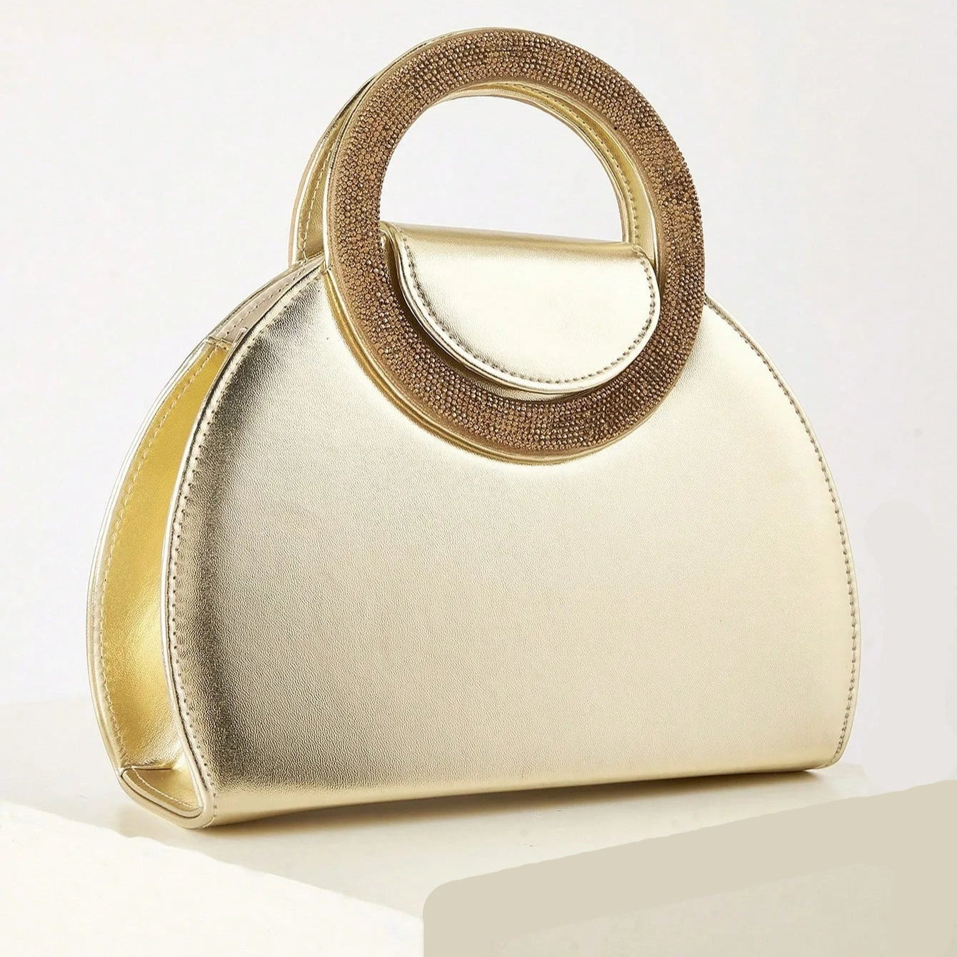 Ring Handle Woven Evening Clutch – Metallic PU, Hardcase, Chain Strap