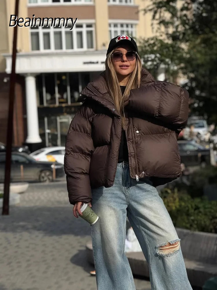 Women’s Deep Brown Cotton Puffer Jacket - Short, Warm & Lightweight