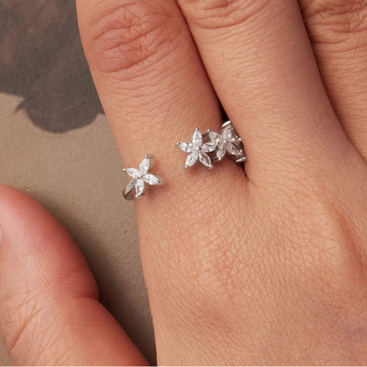 sterling silver CZ leaf open ring adjustable – Murps