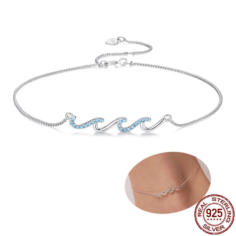 Ocean Wave Charm Anklet in 925 Sterling Silver