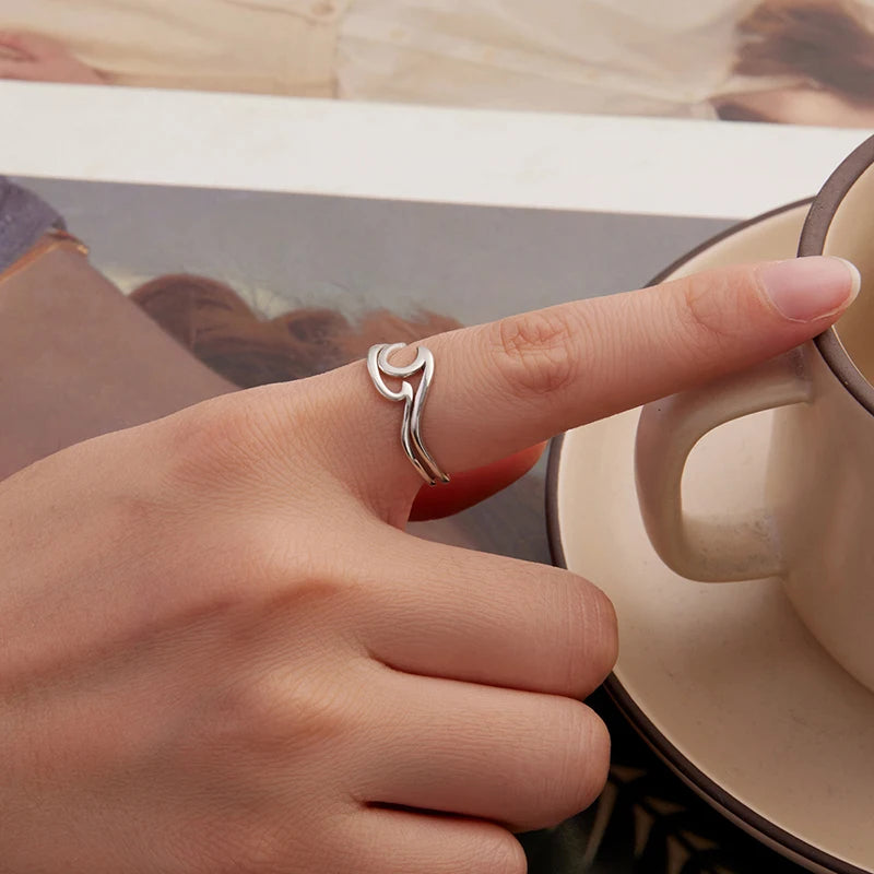 Curved Double-Layer Wave Ring | Adjustable 925 Sterling Silver Open Band