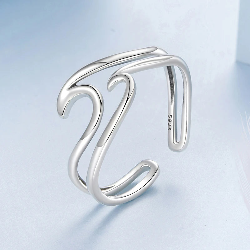 Curved Double-Layer Wave Ring | Adjustable 925 Sterling Silver Open Band