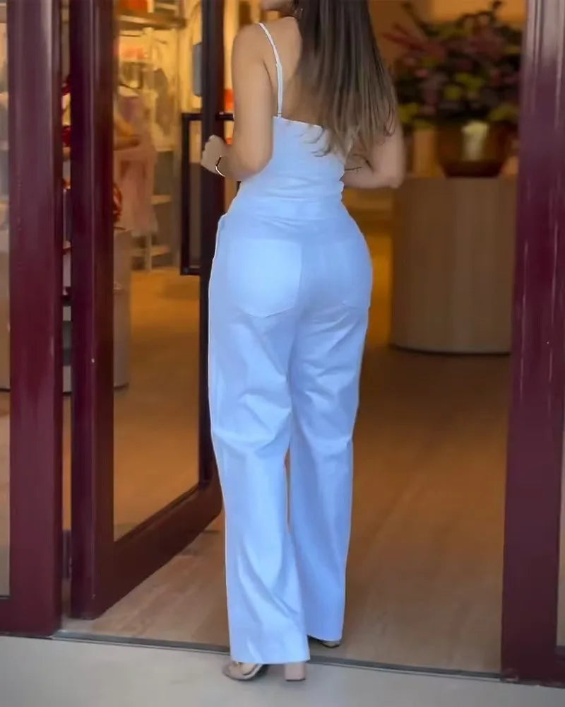 High-Waist Wide-Leg Pants with Zip Detail (White)