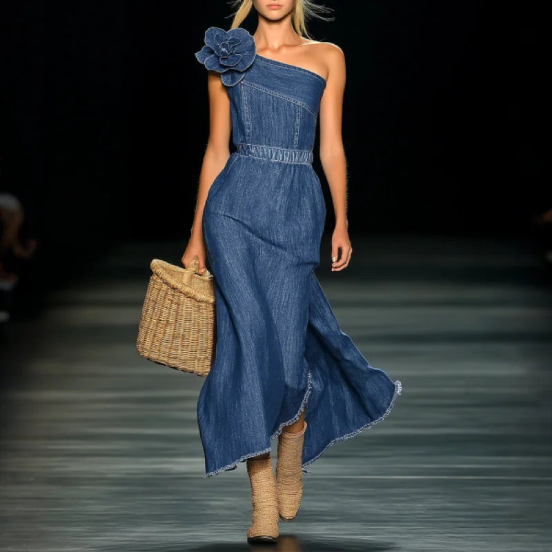 One-Shoulder 3D Flower Denim Maxi Dress - Slim Fit, Asymmetrical Hem