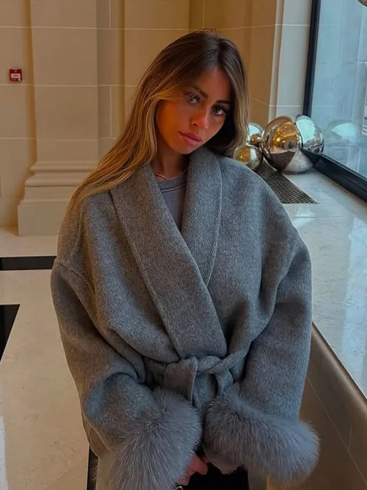 Chic Faux-Fur Cuff Woolen Short Coat – Single-Breasted, Belted