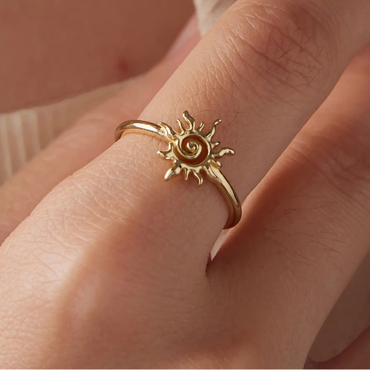 925 Sterling Silver Sun Open Ring | Adjustable Gold-Plated Celestial Band