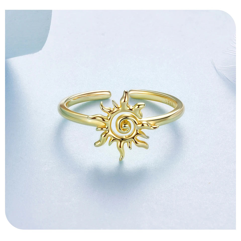 925 Sterling Silver Sun Open Ring | Adjustable Gold-Plated Celestial Band