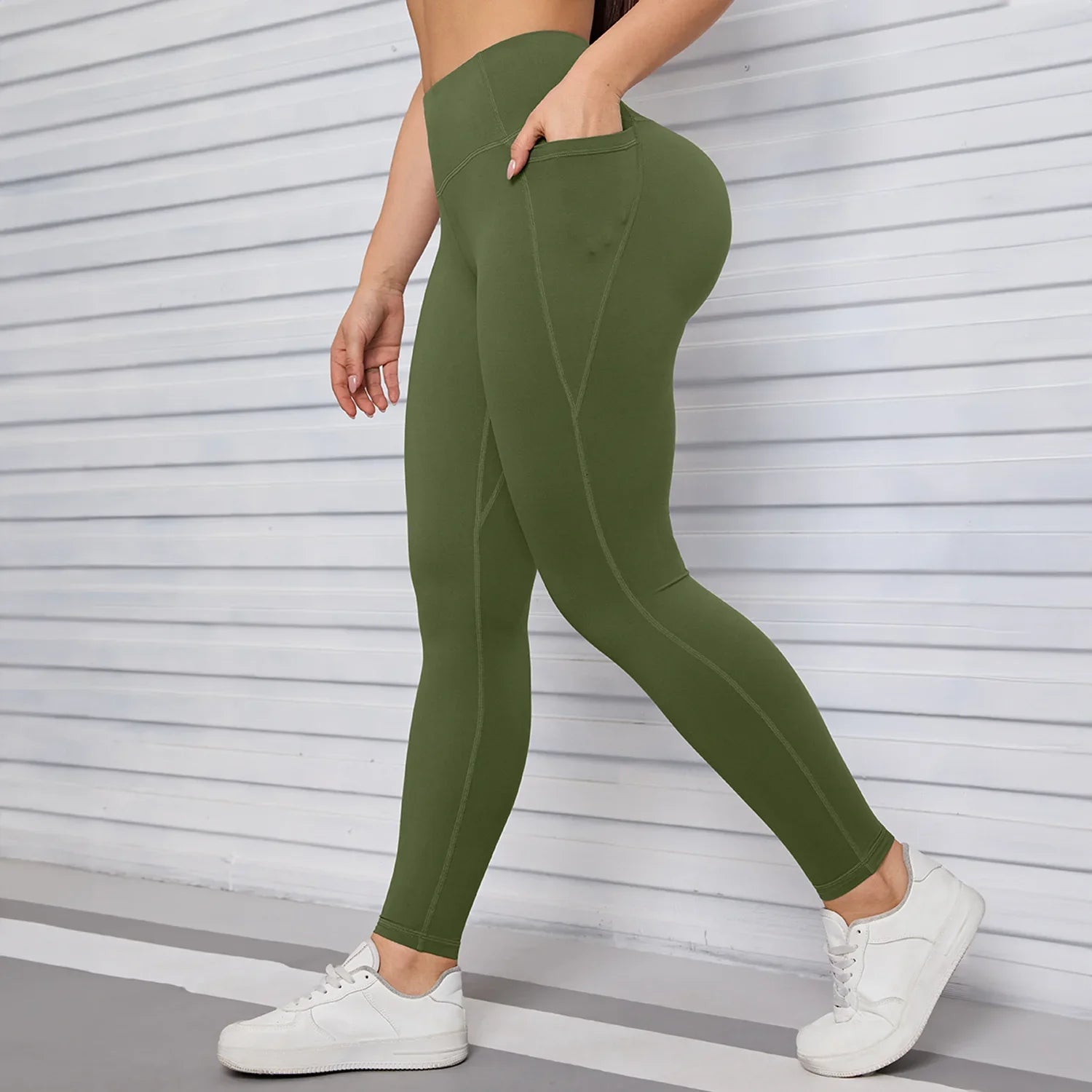 Army Green high-waist yoga leggings with side phone pockets – Murps