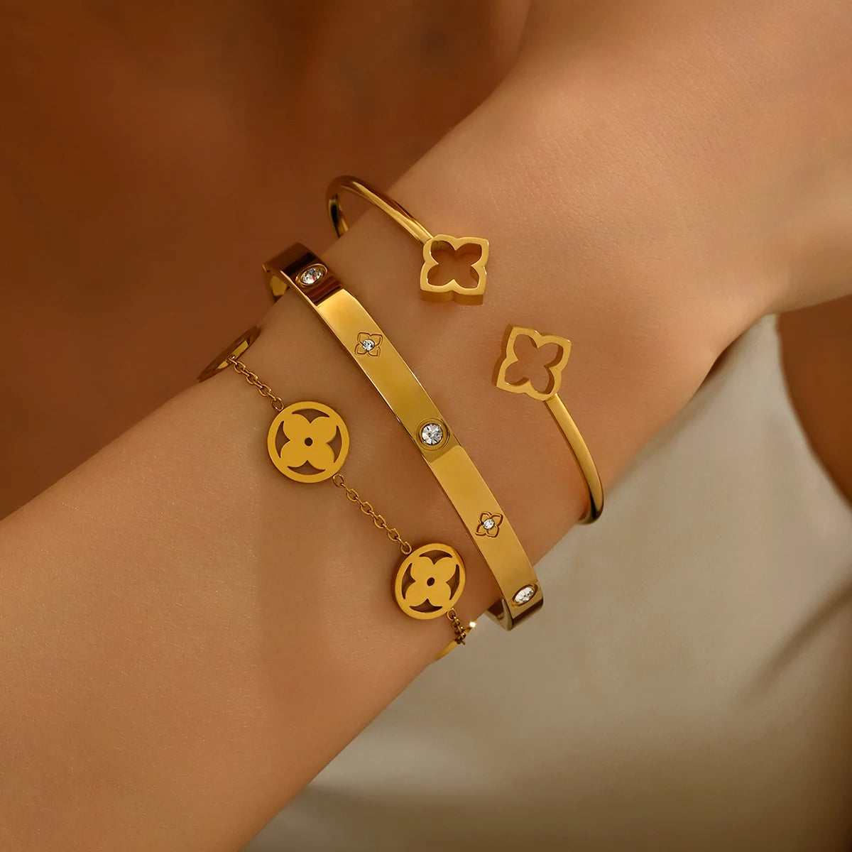 Four-Leaf Clover CZ Stainless Steel Bracelet Set - Waterproof - Fade-Resistant (1 or 3 pcs)