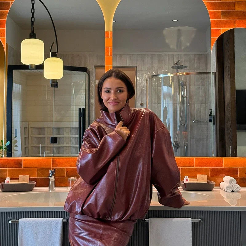 Vintage Olive PU Leather Jacket & Midi Skirt Set - High Neck Zip Coat - Slim Fit Pencil Skirt