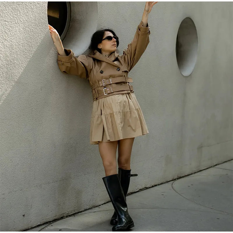 Double-Breasted Khaki Trench – Double Belt, Lapel Collar (Short & Long)