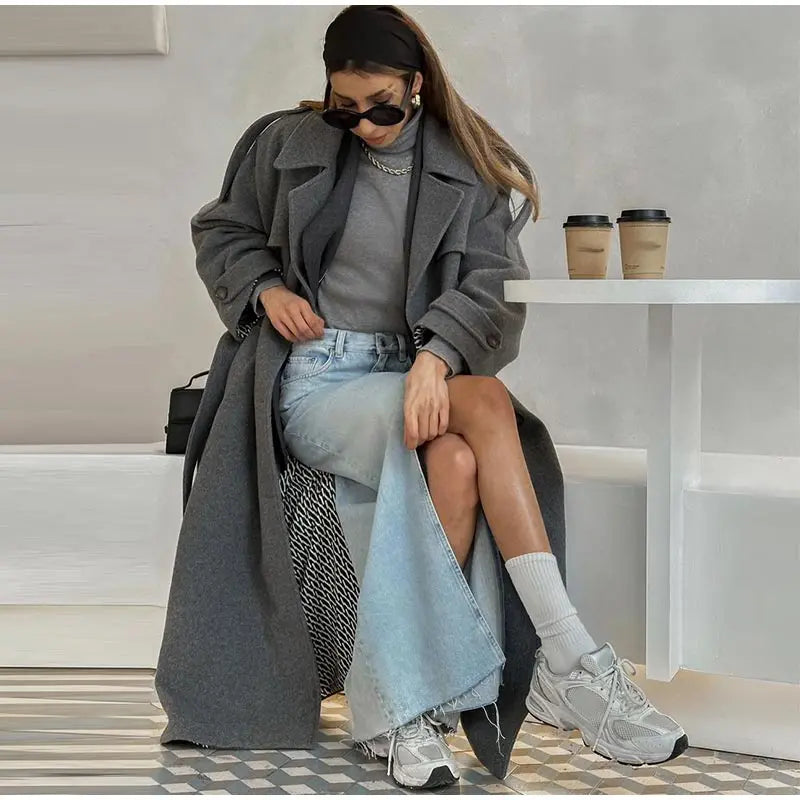 Wool Blend Long Coat - Double Breasted, Belted Silhouette, Turn Down Collar