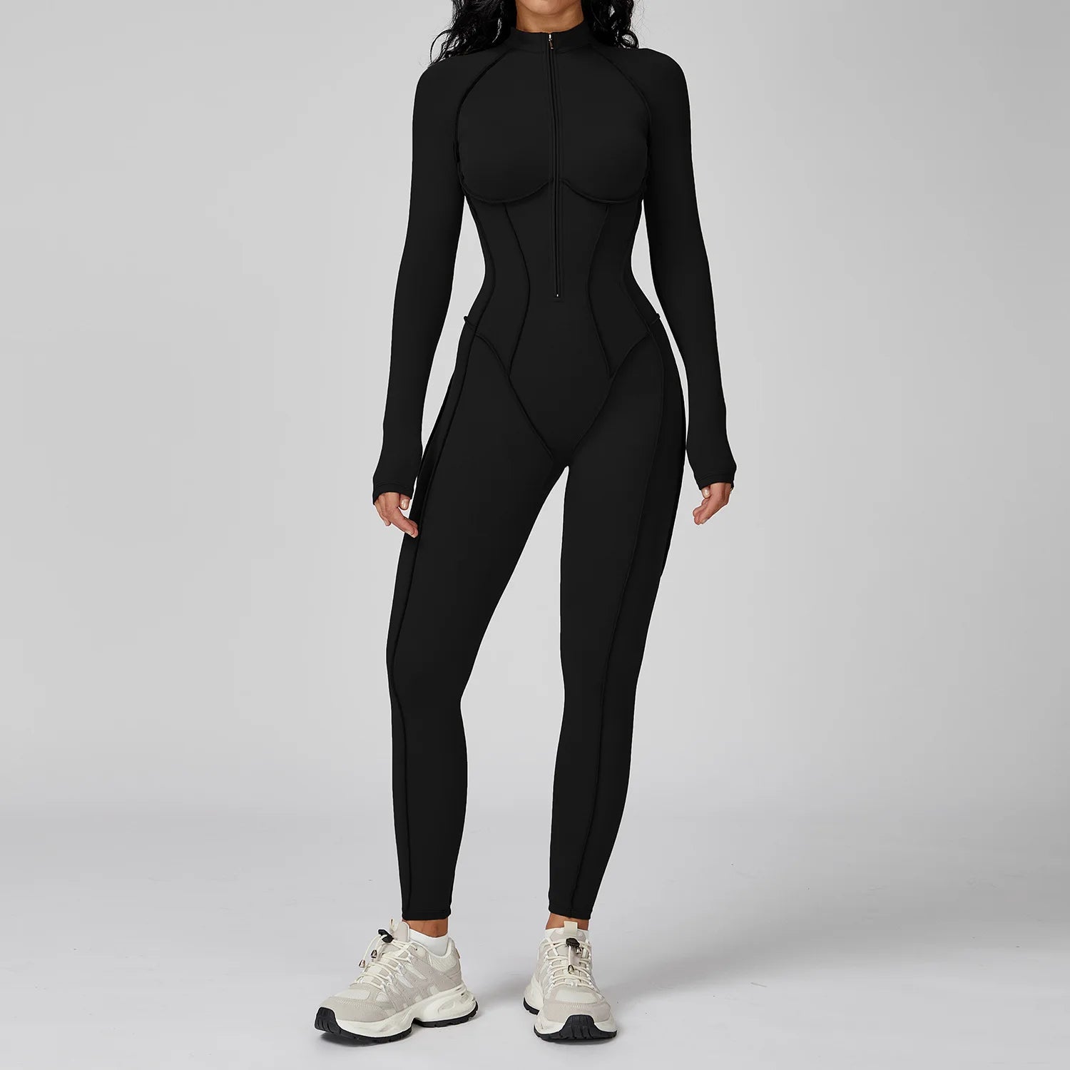 Sculpt Zip-Front Long-Sleeve Jumpsuit - Seamless Compression, Open-Back, High-Stretch