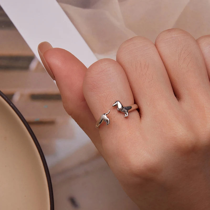 925 sterling silver dachshund dog adjustable ring on hand
