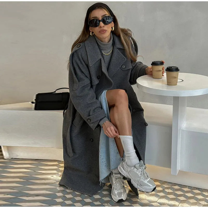 Wool Blend Long Coat - Double Breasted, Belted Silhouette, Turn Down Collar