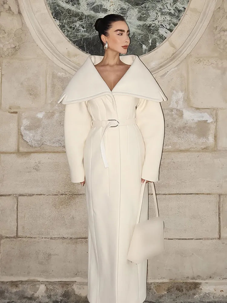 Women’s White Lapel Wool-Blend Long Overcoat - Double Breasted - Belted Waist
