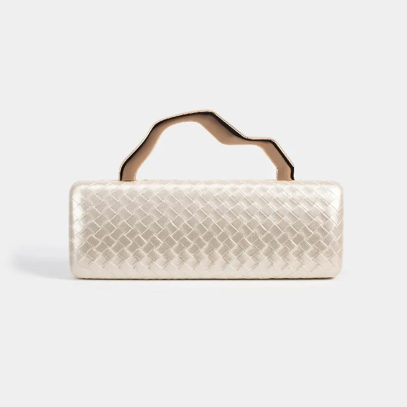 Woven-texture hard-shell evening clutch with gold top handle in assorted colors