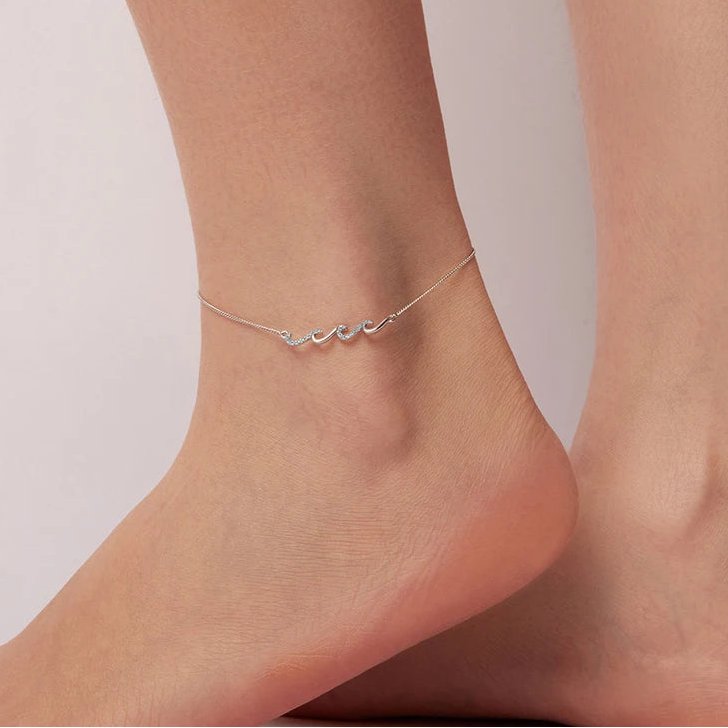 Ocean Wave Charm Anklet in 925 Sterling Silver