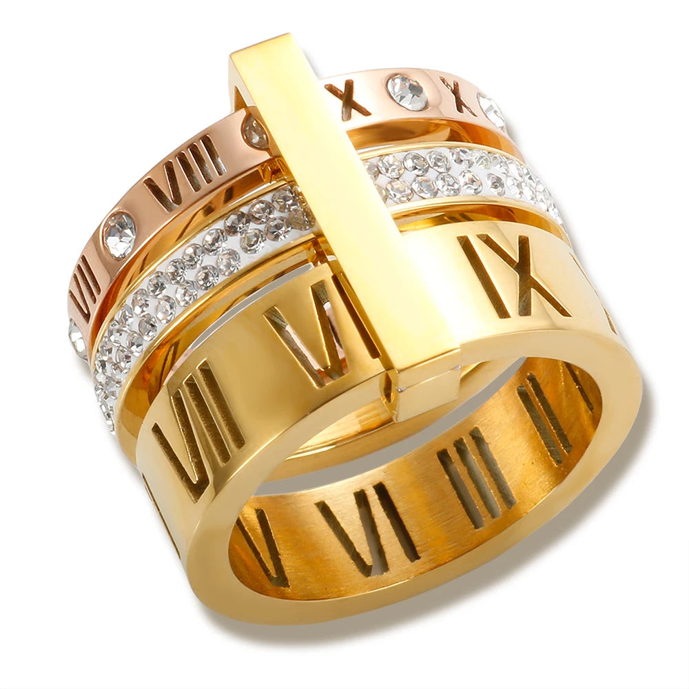 Trendy Roman Numeral Crystal Ring | Triple-Layer 13 mm Wide Stainless Steel Band