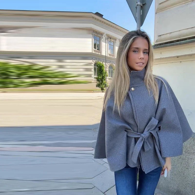 Belted Cape Jacket – Stand Collar, Wide Sleeves (Wool-Blend)