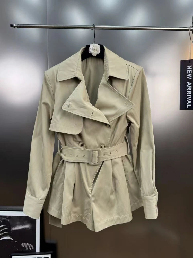 Trench-Style Belted Romper - Double-Breasted, Wide Lapel